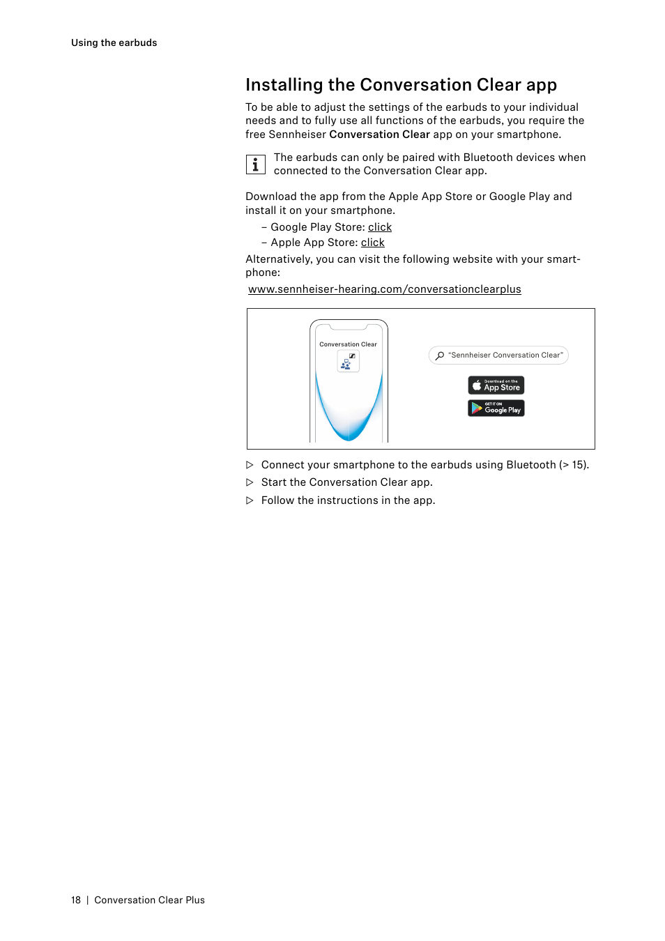 Installing the conversation clear app | Sennheiser Conversation ClearPlus True Wireless ANC Speech Enhancer User Manual | Page 18 / 42