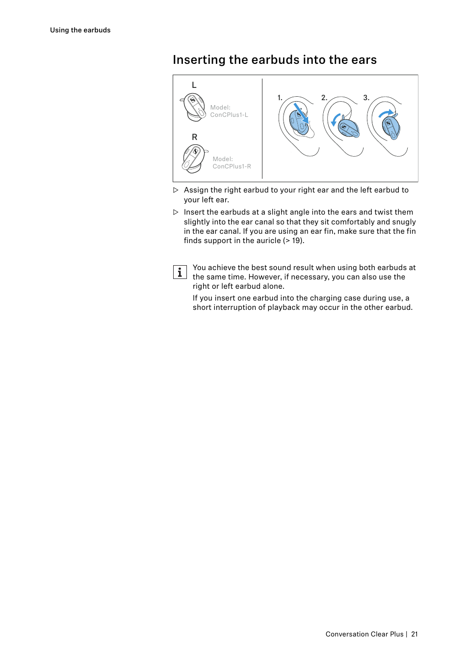 Inserting the earbuds into the ears | Sennheiser Conversation ClearPlus True Wireless ANC Speech Enhancer User Manual | Page 21 / 42