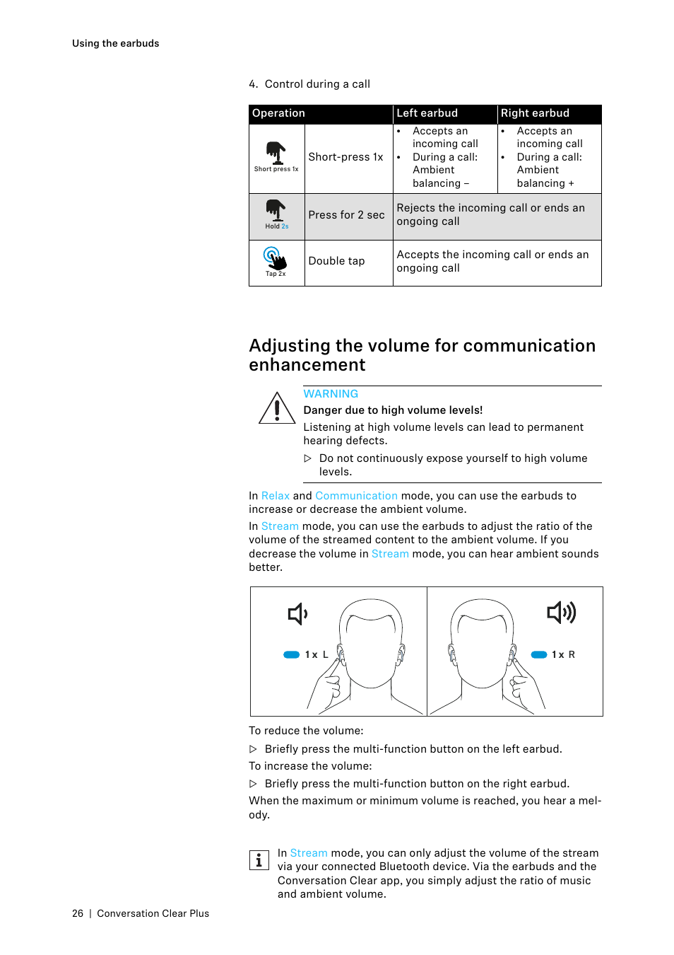 Adjusting the volume for communication enhancement | Sennheiser Conversation ClearPlus True Wireless ANC Speech Enhancer User Manual | Page 26 / 42
