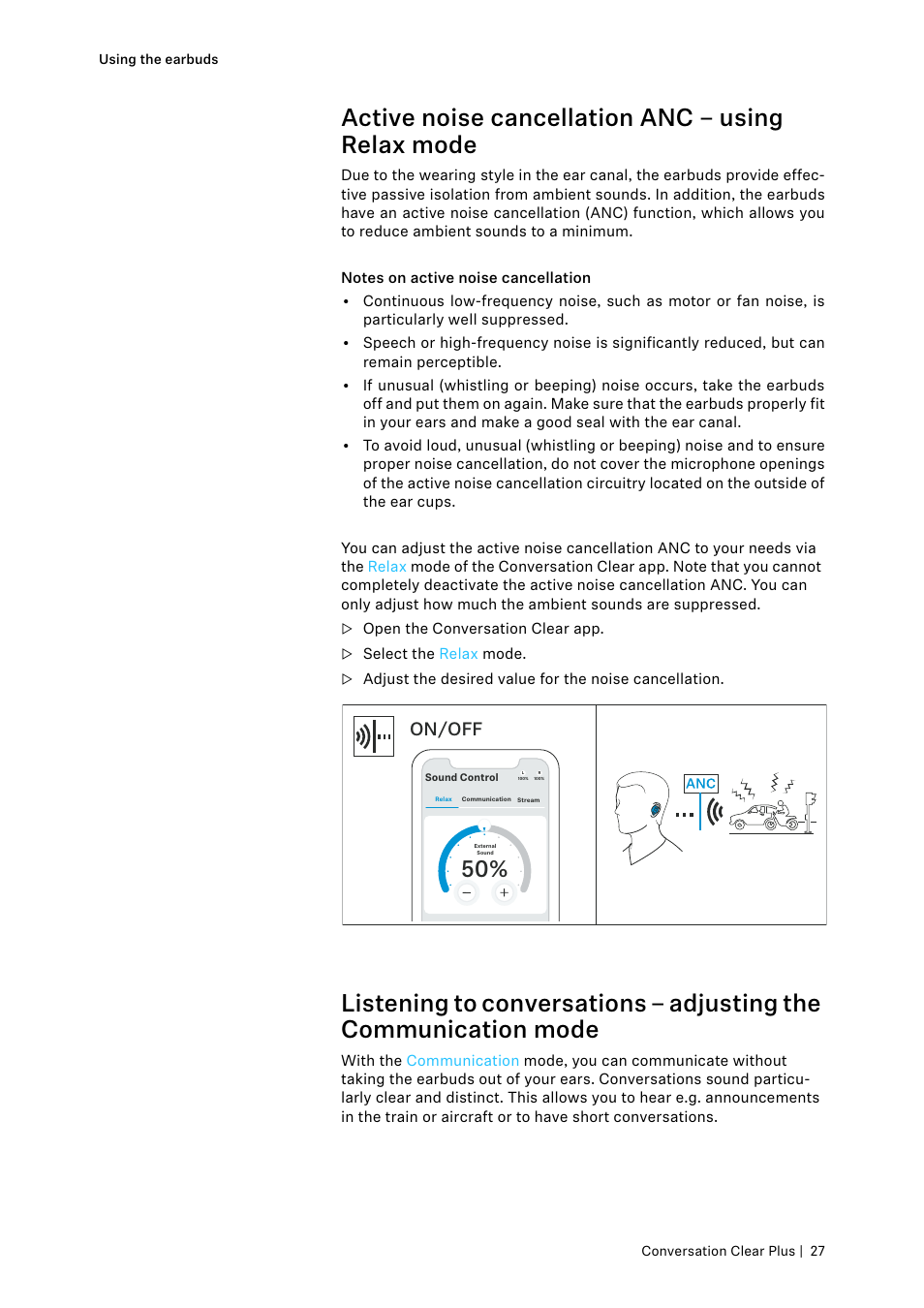 Active noise cancellation anc – using relax mode, On/off | Sennheiser Conversation ClearPlus True Wireless ANC Speech Enhancer User Manual | Page 27 / 42
