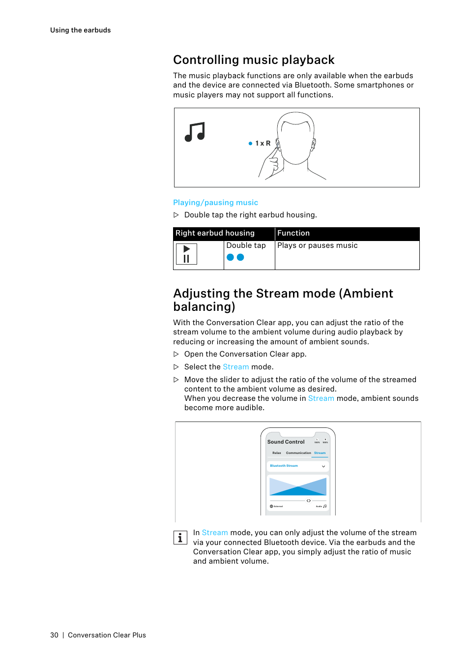 Controlling music playback, Playing/pausing music, Adjusting the stream mode (ambient balancing) | Sennheiser Conversation ClearPlus True Wireless ANC Speech Enhancer User Manual | Page 30 / 42