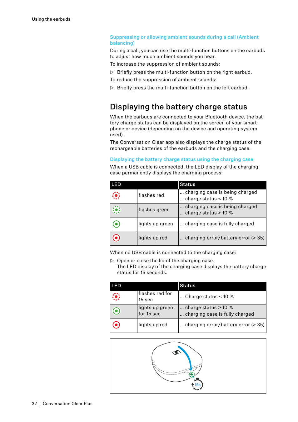Displaying the battery charge status | Sennheiser Conversation ClearPlus True Wireless ANC Speech Enhancer User Manual | Page 32 / 42