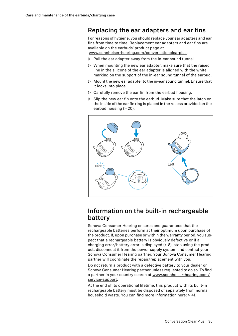 Replacing the ear adapters and ear fins, Information on the built-in rechargeable battery | Sennheiser Conversation ClearPlus True Wireless ANC Speech Enhancer User Manual | Page 35 / 42