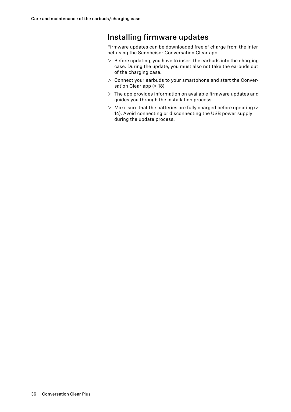 Installing firmware updates | Sennheiser Conversation ClearPlus True Wireless ANC Speech Enhancer User Manual | Page 36 / 42