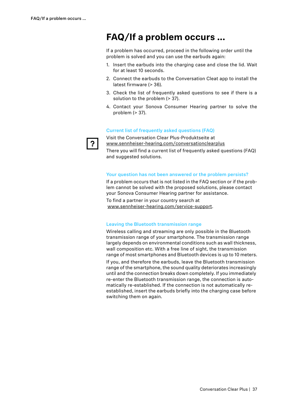 Faq/if a problem occurs, Leaving the bluetooth transmission range | Sennheiser Conversation ClearPlus True Wireless ANC Speech Enhancer User Manual | Page 37 / 42