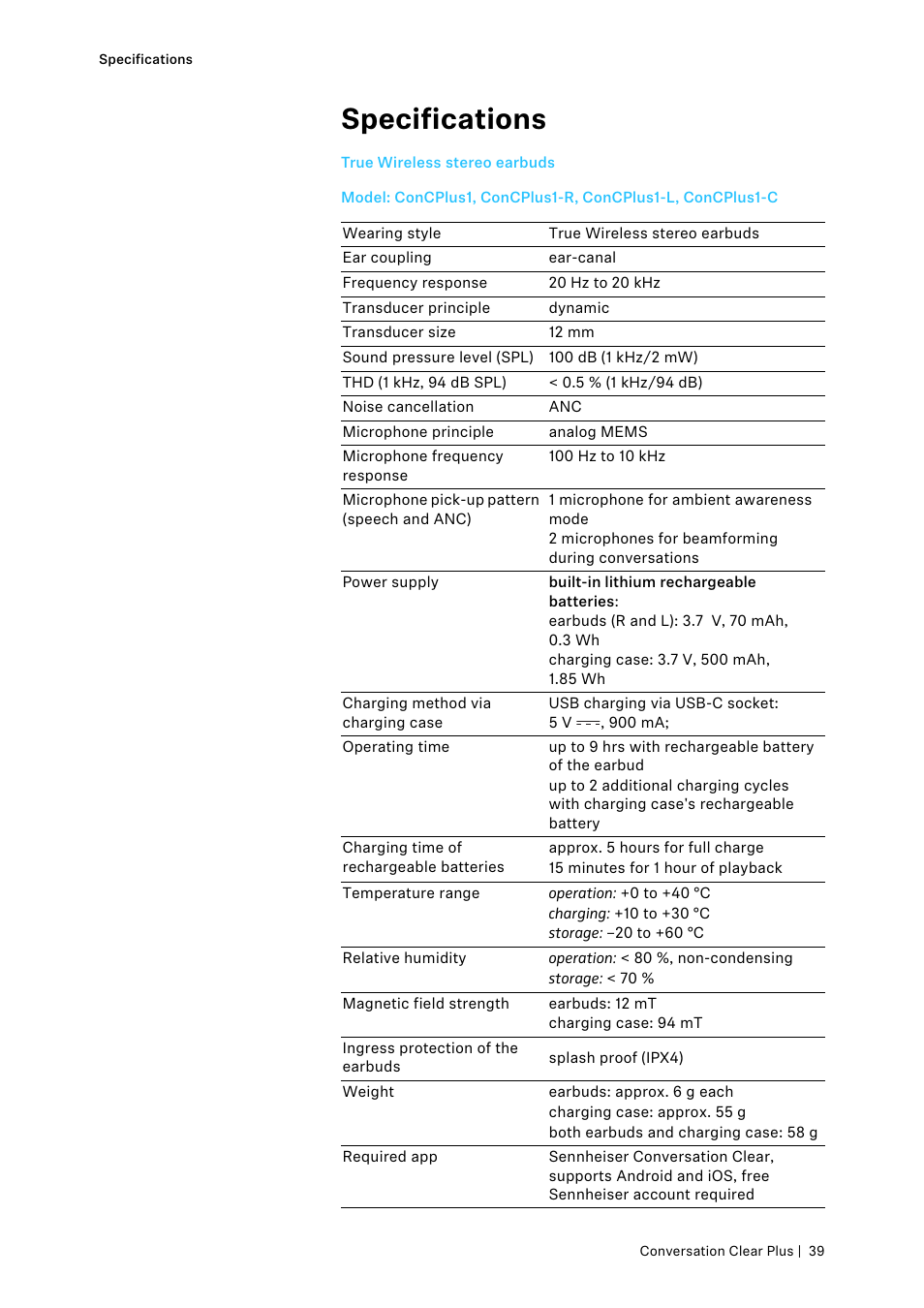 Specifications | Sennheiser Conversation ClearPlus True Wireless ANC Speech Enhancer User Manual | Page 39 / 42