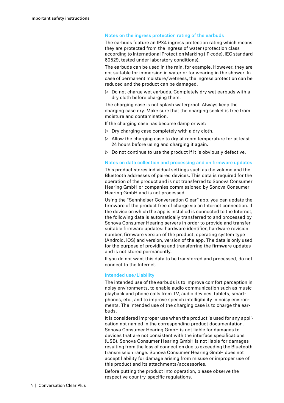 Intended use/liability | Sennheiser Conversation ClearPlus True Wireless ANC Speech Enhancer User Manual | Page 4 / 42