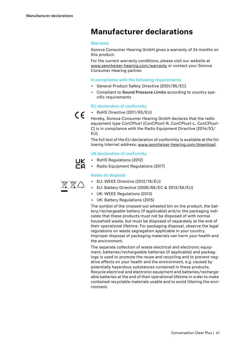 Manufacturer declarations, Warranty, In compliance with the following requirements | Eu declaration of conformity, Uk declaration of conformity, Notes on disposal | Sennheiser Conversation ClearPlus True Wireless ANC Speech Enhancer User Manual | Page 41 / 42