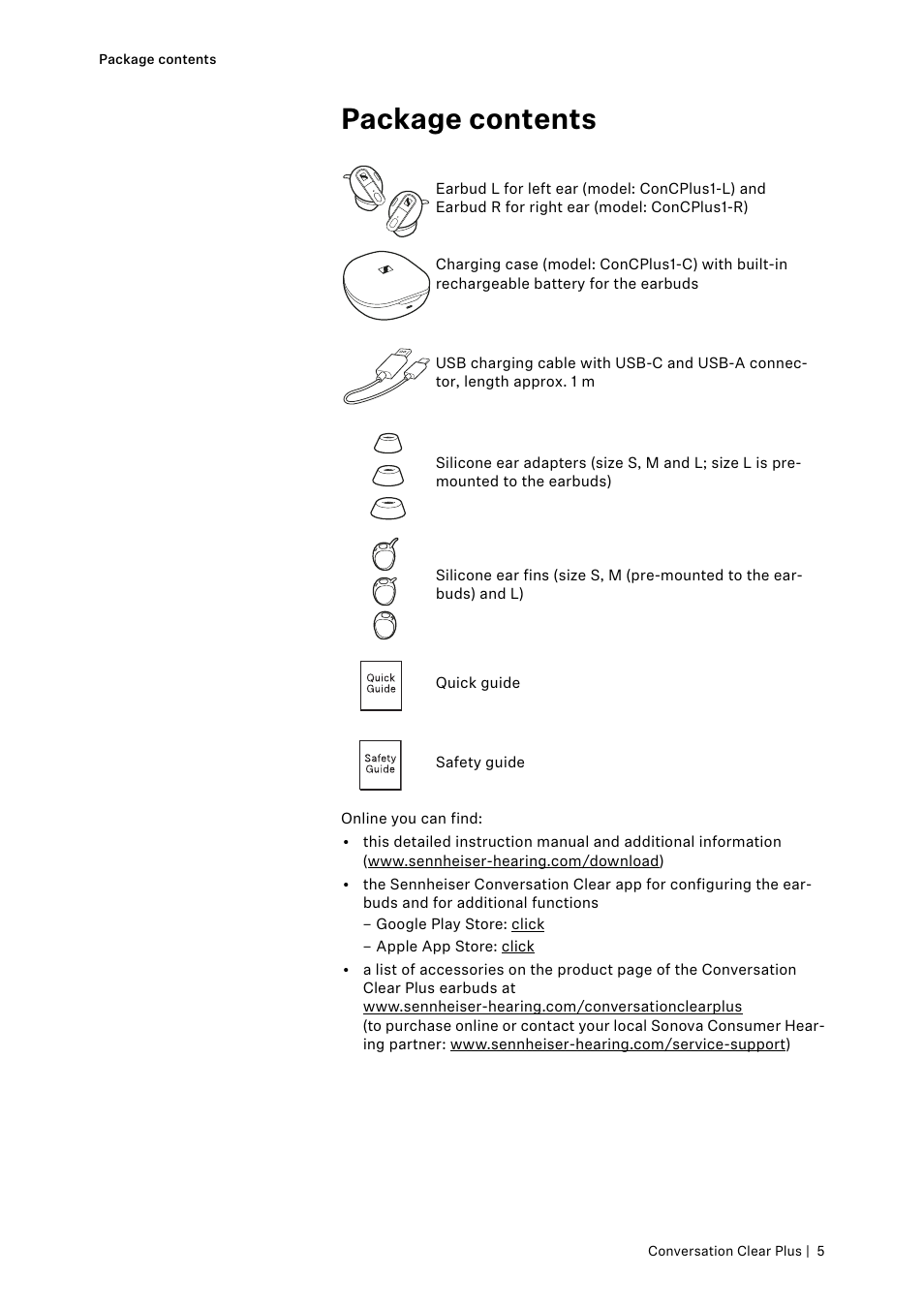 Package contents | Sennheiser Conversation ClearPlus True Wireless ANC Speech Enhancer User Manual | Page 5 / 42