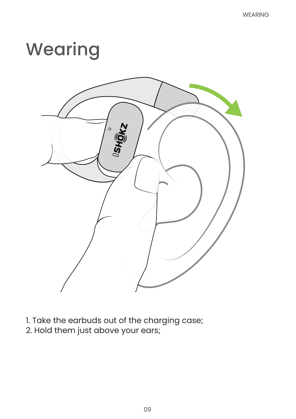 Wearing | SHOKZ OpenFit Open-Ear True Wireless Earbuds (Black) User Manual | Page 13 / 42