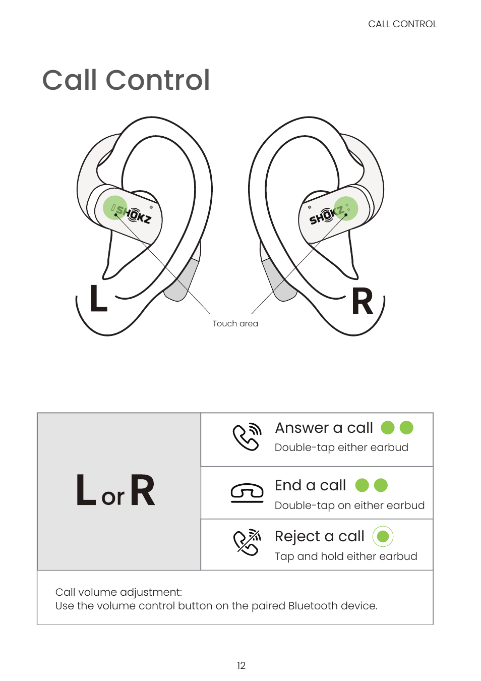 Call control, Answer a call end a call, Reject a call | SHOKZ OpenFit Open-Ear True Wireless Earbuds (Black) User Manual | Page 17 / 42