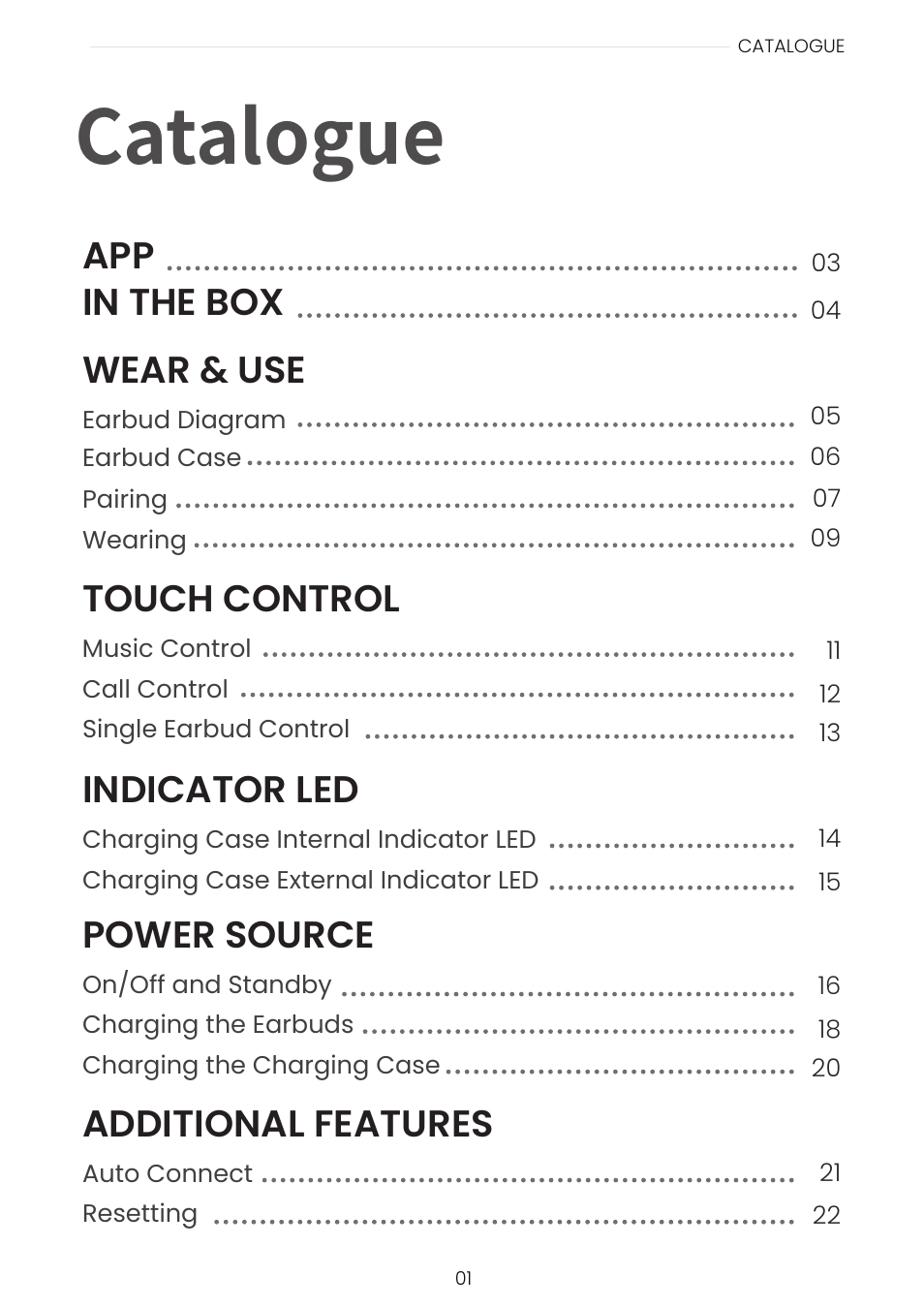 Catalogue, Indicator led wear & use, Power source | Additional features, Touch control | SHOKZ OpenFit Open-Ear True Wireless Earbuds (Black) User Manual | Page 2 / 42