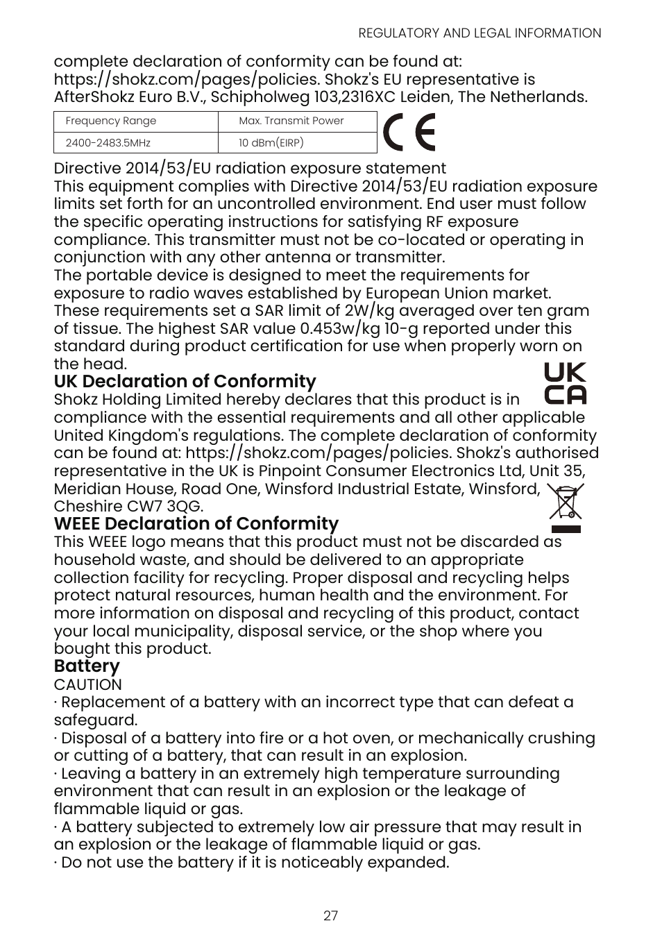 Uk declaration of conformity, Weee declaration of conformity, Battery | SHOKZ OpenFit Open-Ear True Wireless Earbuds (Black) User Manual | Page 37 / 42