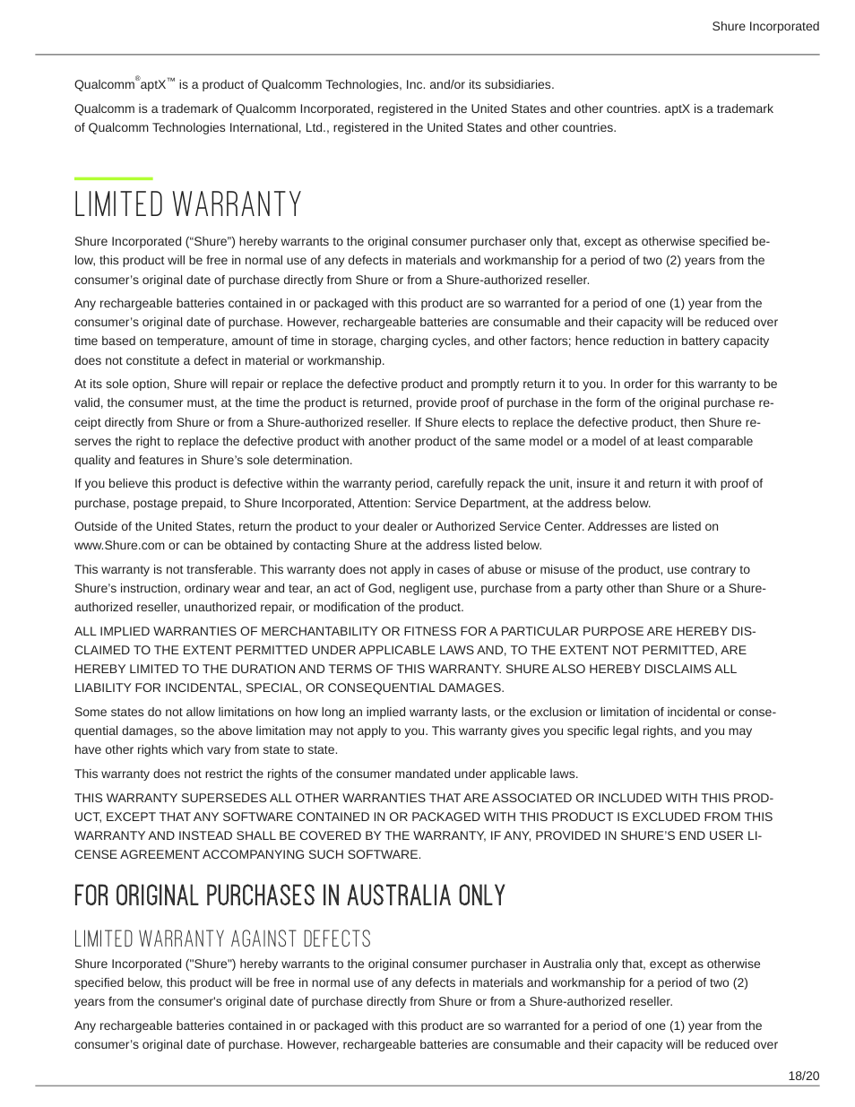 Limited warranty, For original purchases in australia only, Limited warranty against defects | Limited warranty 18, For original purchases in australia only 18 | Shure AONIC 215 Gen 2 Bluetooth True Wireless In-Ear Headphones (Blue) User Manual | Page 18 / 20