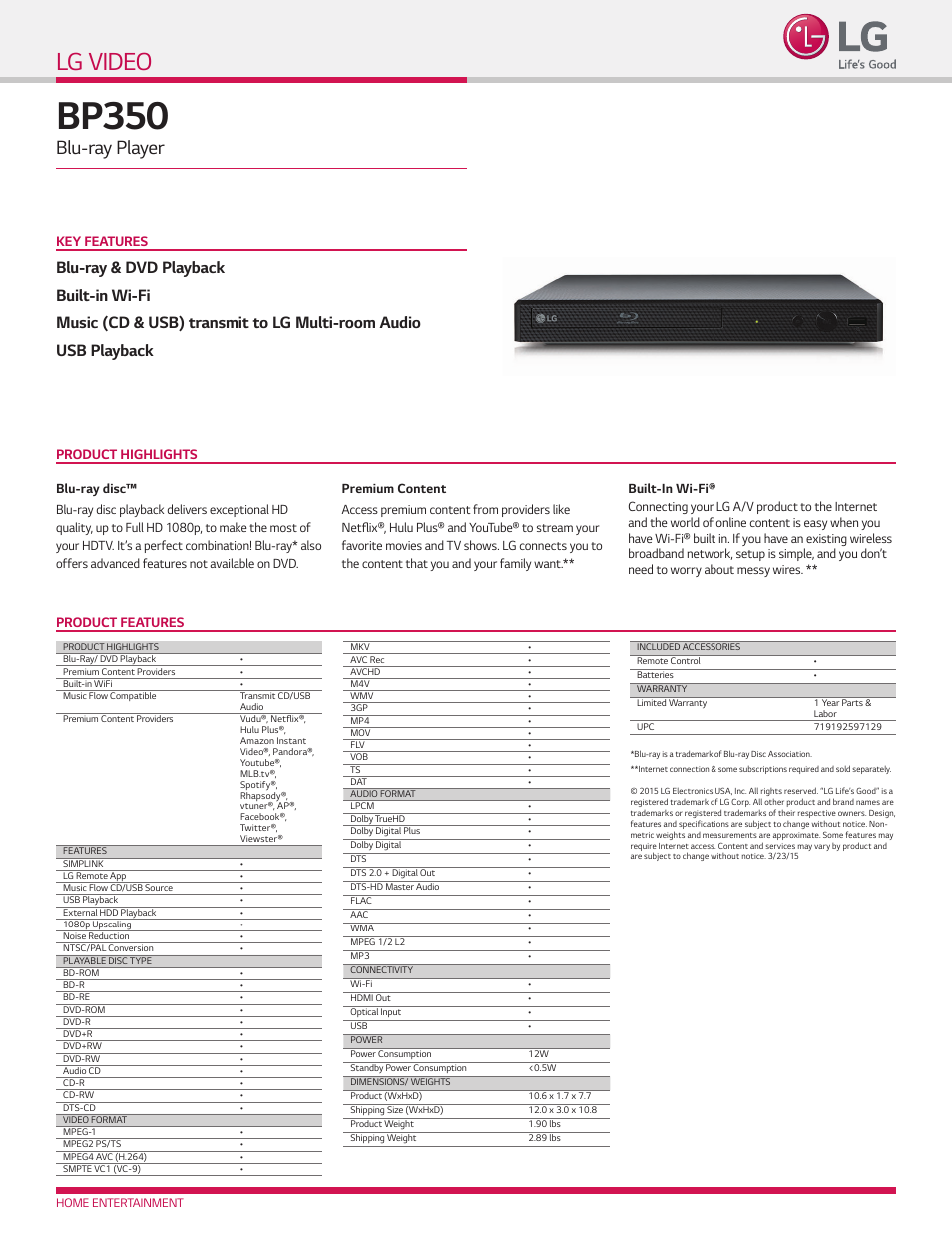 LG BP350 Blu-ray Disc Player with Wi-Fi User Manual | 1 page