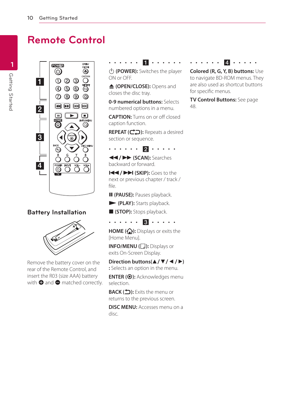 Remote control, 10 remote control, Battery installation | LG BP350 Blu-ray Disc Player with Wi-Fi User Manual | Page 10 / 62