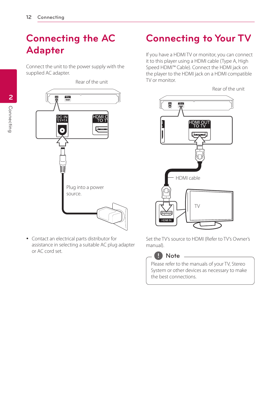 2 connecting, Connecting the ac adapter, Connecting to your tv | LG BP350 Blu-ray Disc Player with Wi-Fi User Manual | Page 12 / 62