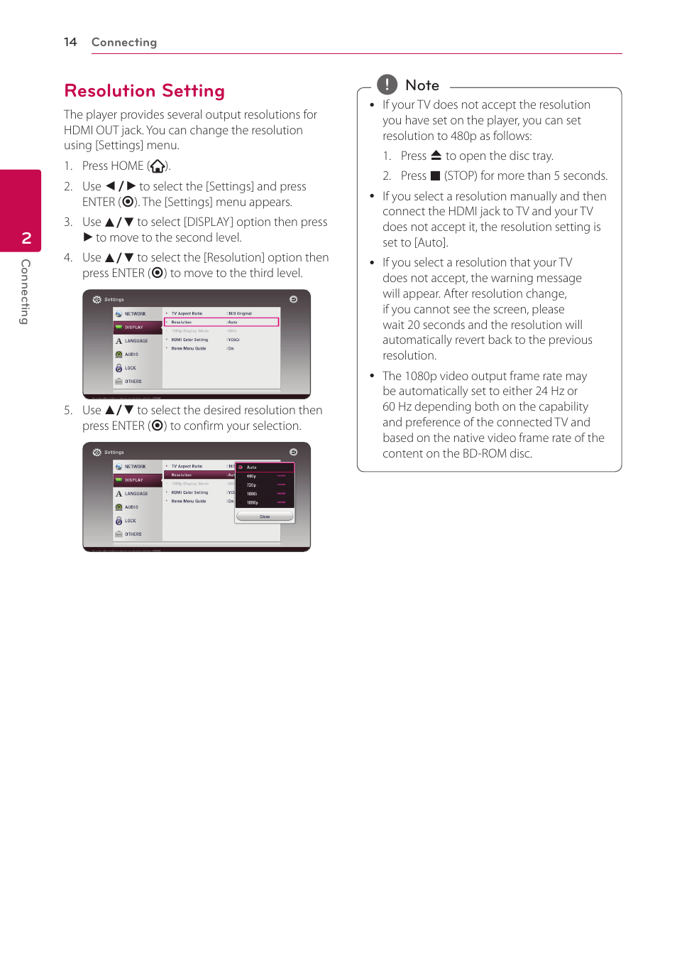 Resolution setting, 14 – resolution setting | LG BP350 Blu-ray Disc Player with Wi-Fi User Manual | Page 14 / 62