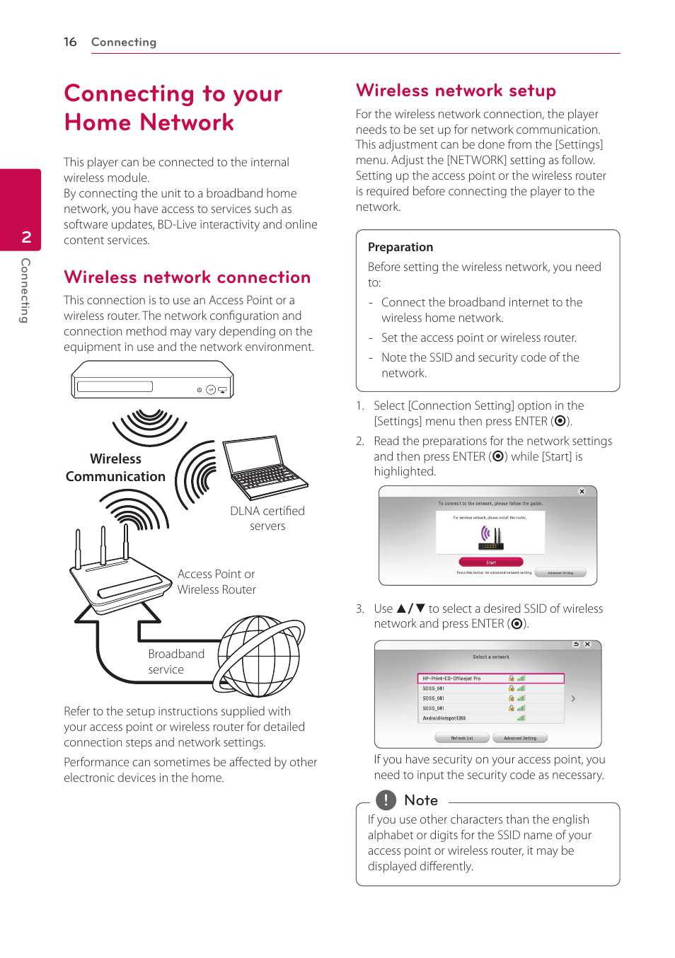 Connecting to your home network, Wireless network connection, Wireless network setup | LG BP350 Blu-ray Disc Player with Wi-Fi User Manual | Page 16 / 62