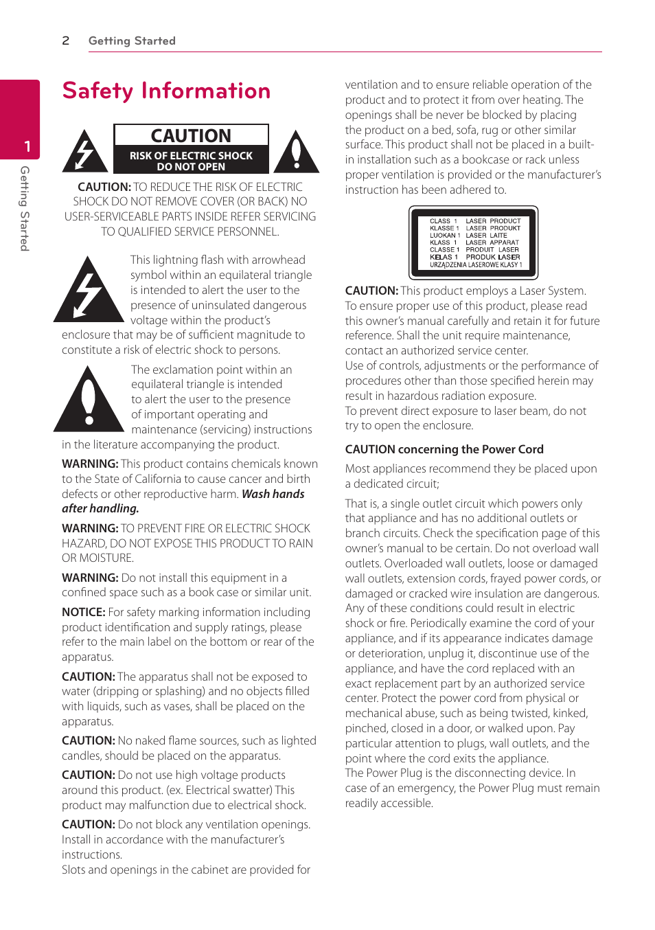 1 getting started, Safety information, Caution | LG BP350 Blu-ray Disc Player with Wi-Fi User Manual | Page 2 / 62