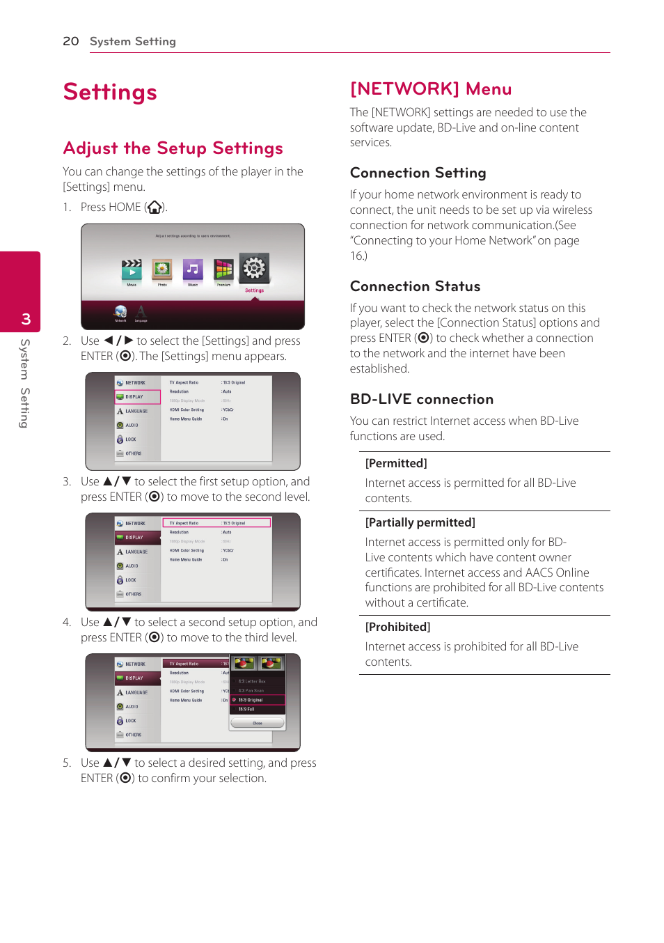 Settings, Adjust the setup settings, Network] menu | LG BP350 Blu-ray Disc Player with Wi-Fi User Manual | Page 20 / 62