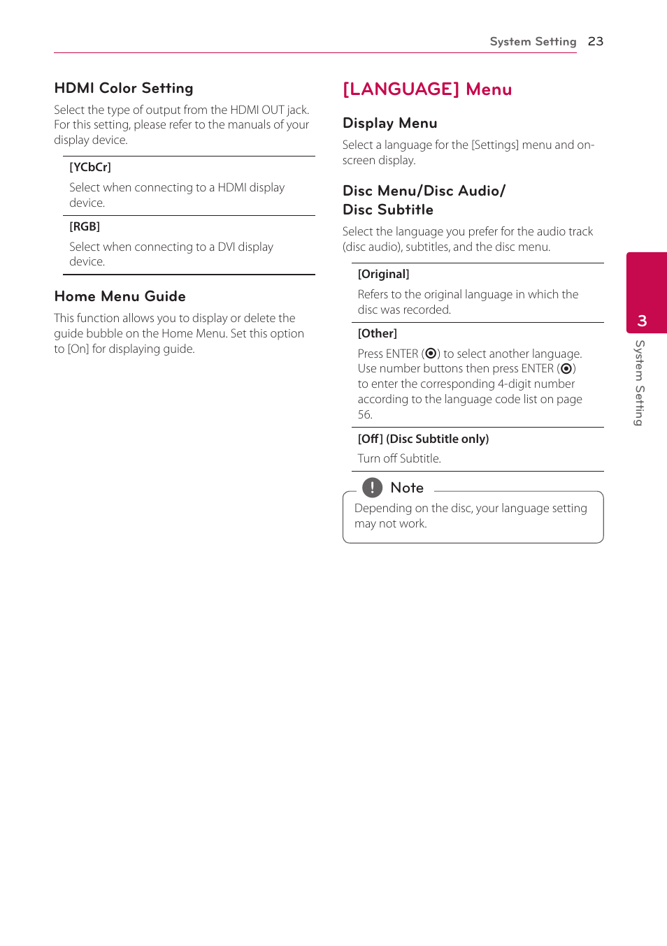 Language] menu, 23 – [language] menu | LG BP350 Blu-ray Disc Player with Wi-Fi User Manual | Page 23 / 62