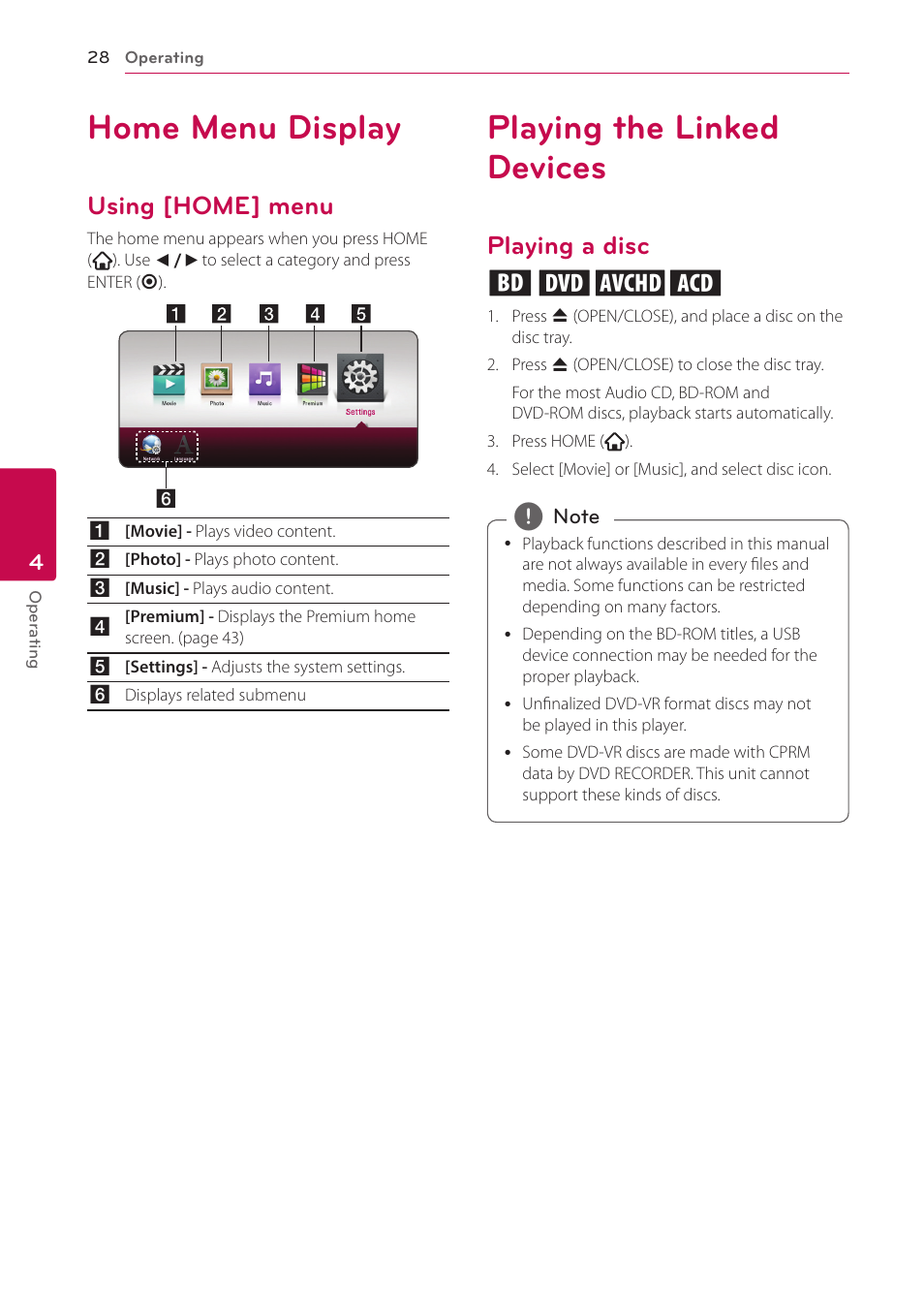 4 operating, Home menu display, Using [home] menu | Playing the linked devices, Playing a disc, Playing a disc erot | LG BP350 Blu-ray Disc Player with Wi-Fi User Manual | Page 28 / 62