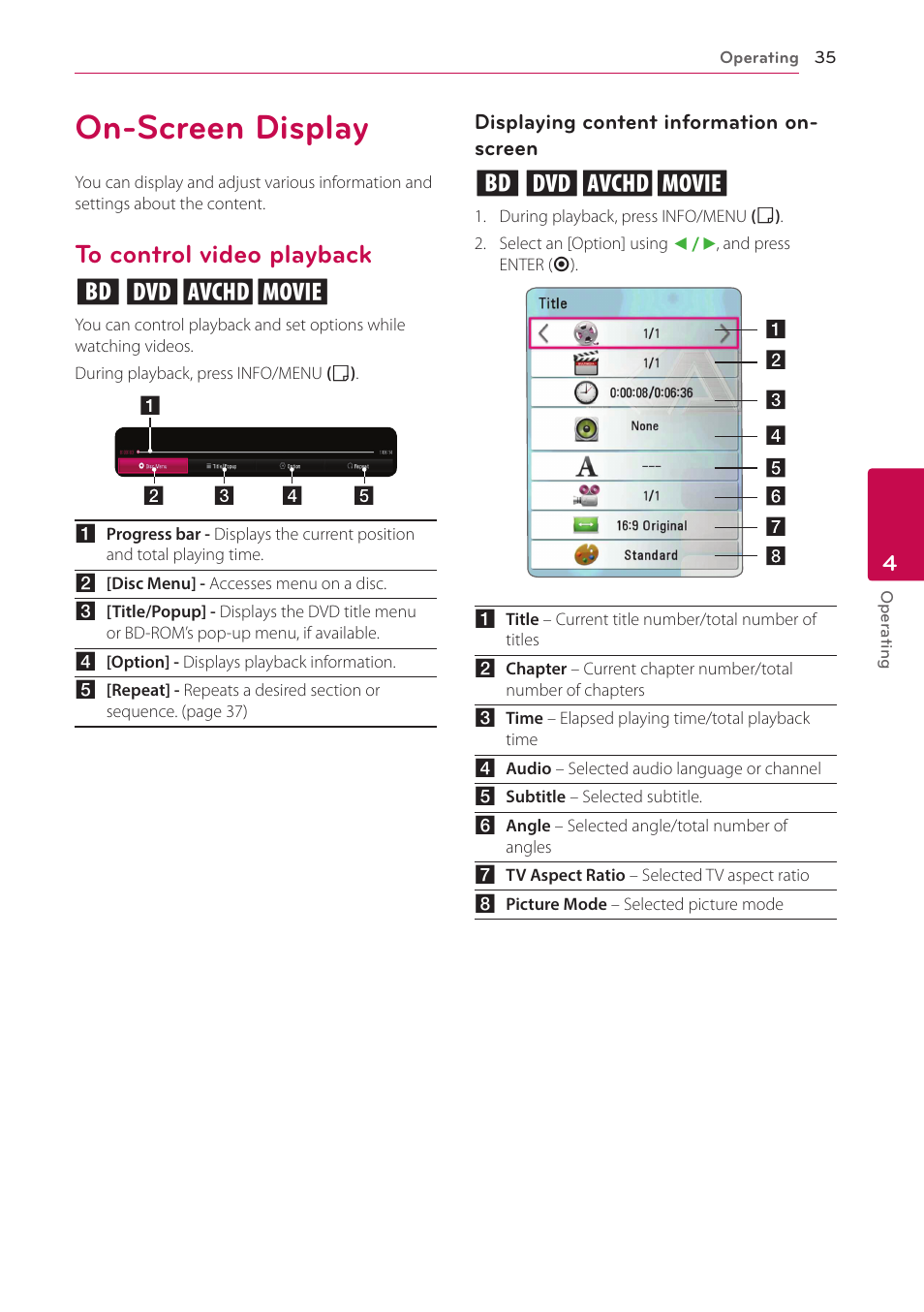 On-screen display, To control video playback, Eroy | LG BP350 Blu-ray Disc Player with Wi-Fi User Manual | Page 35 / 62