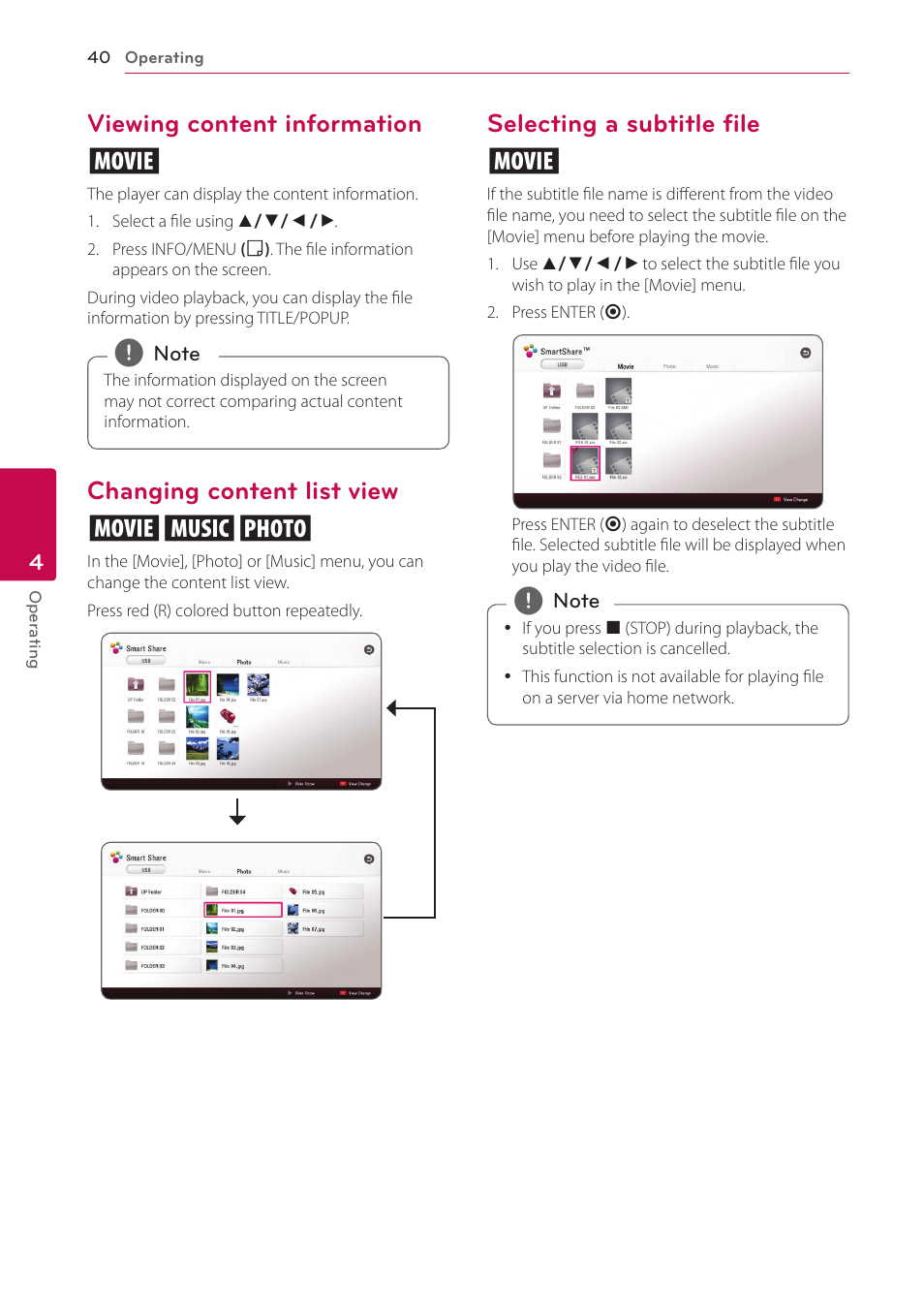 Viewing content information, Changing content list view, Selecting a subtitle file | Viewing content information y, Changing content list view yui, Selecting a subtitle file y | LG BP350 Blu-ray Disc Player with Wi-Fi User Manual | Page 40 / 62