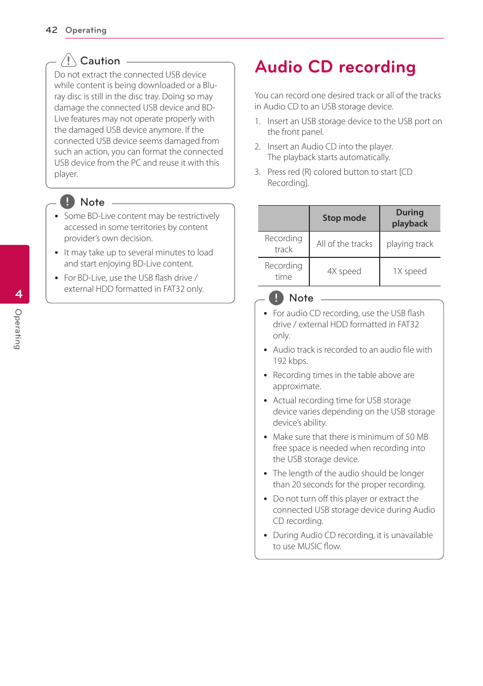 Audio cd recording, 42 audio cd recording | LG BP350 Blu-ray Disc Player with Wi-Fi User Manual | Page 42 / 62