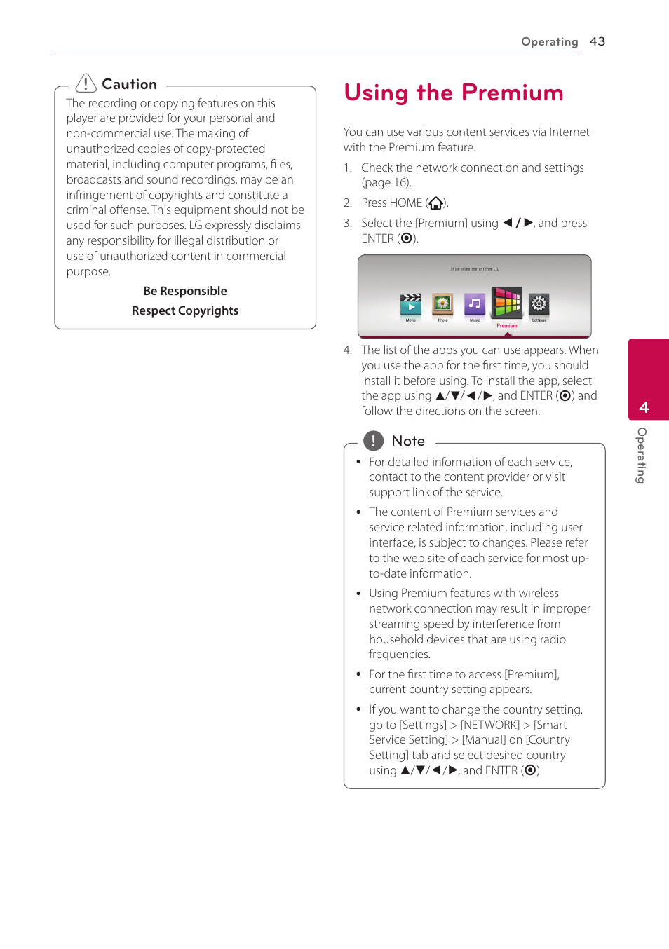 Using the premium, 43 using the premium | LG BP350 Blu-ray Disc Player with Wi-Fi User Manual | Page 43 / 62