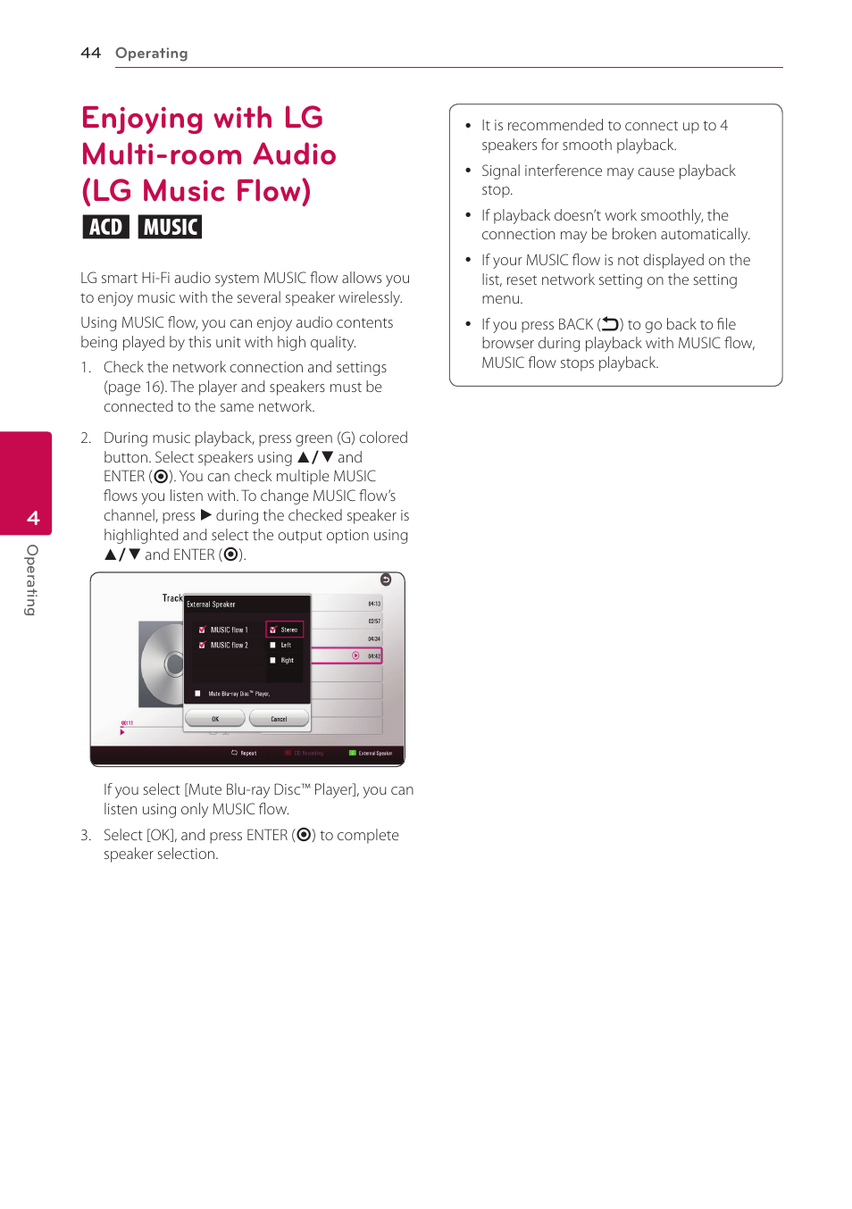 44 enjoying with lg multi-room audio, Lg music flow), Enjoying with lg multi-room audio (lg music flow) | LG BP350 Blu-ray Disc Player with Wi-Fi User Manual | Page 44 / 62