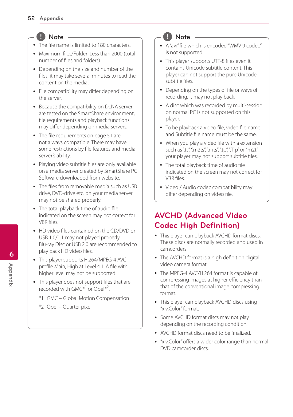 Avchd (advanced video codec high definition), 52 – avchd (advanced video codec high, Definition) | LG BP350 Blu-ray Disc Player with Wi-Fi User Manual | Page 52 / 62