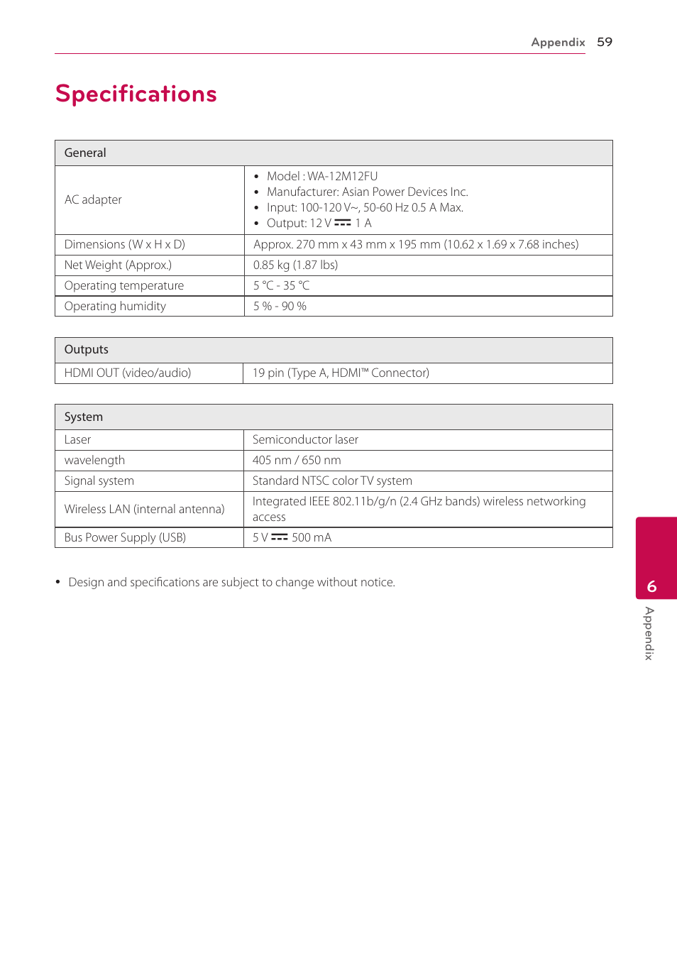 Specifications, 59 specifications | LG BP350 Blu-ray Disc Player with Wi-Fi User Manual | Page 59 / 62