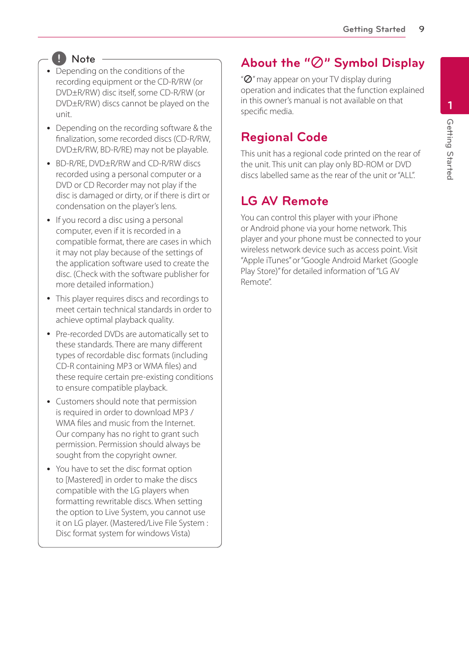 About the “7” symbol display, Regional code, Lg av remote | About the, Symbol display, About the “ 7 ” symbol display | LG BP350 Blu-ray Disc Player with Wi-Fi User Manual | Page 9 / 62