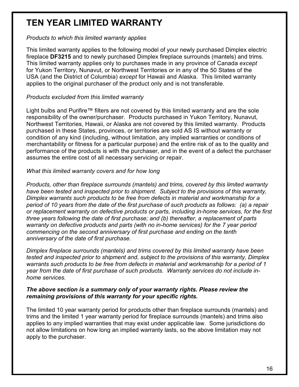 Ten year limited warranty | Dimplex DF3215 User Manual | Page 18 / 20