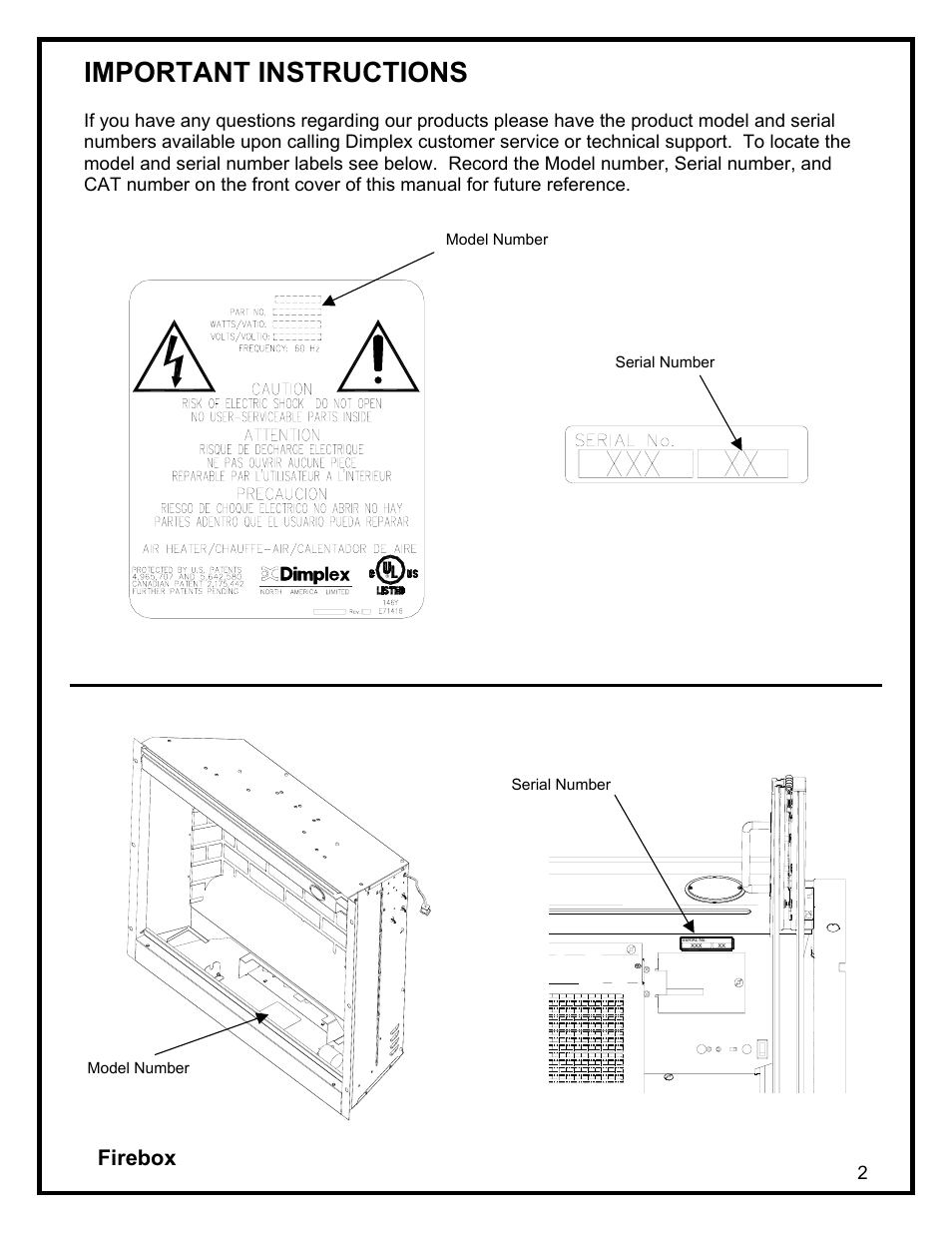 Important instructions, Firebox | Dimplex DF3215 User Manual | Page 4 / 20