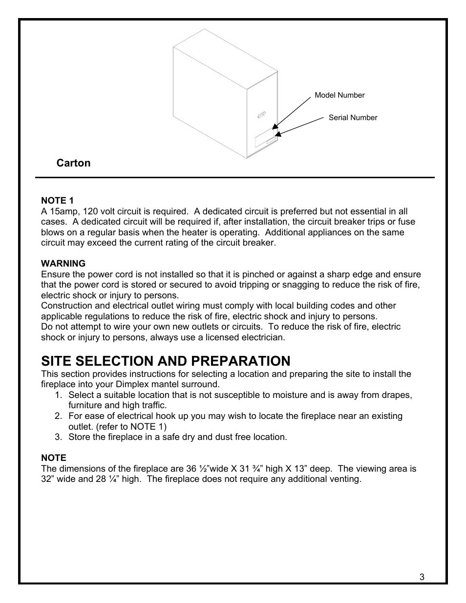 Site selection and preparation, Carton | Dimplex DF3215 User Manual | Page 5 / 20