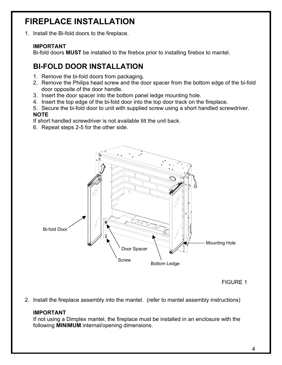 Fireplace installation, Bi-fold door installation | Dimplex DF3215 User Manual | Page 6 / 20