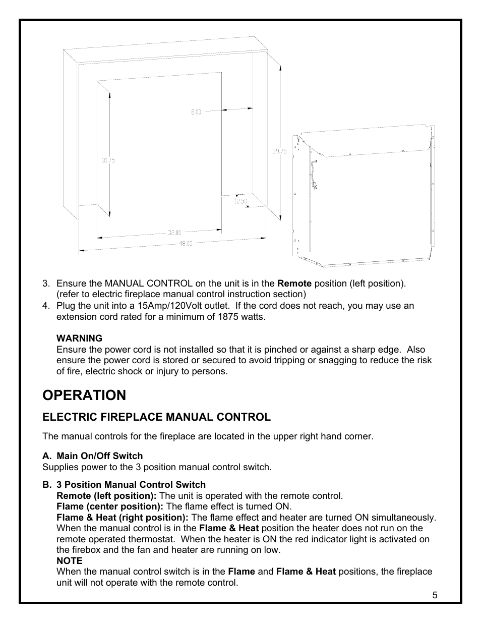 Operation, Electric fireplace manual control | Dimplex DF3215 User Manual | Page 7 / 20