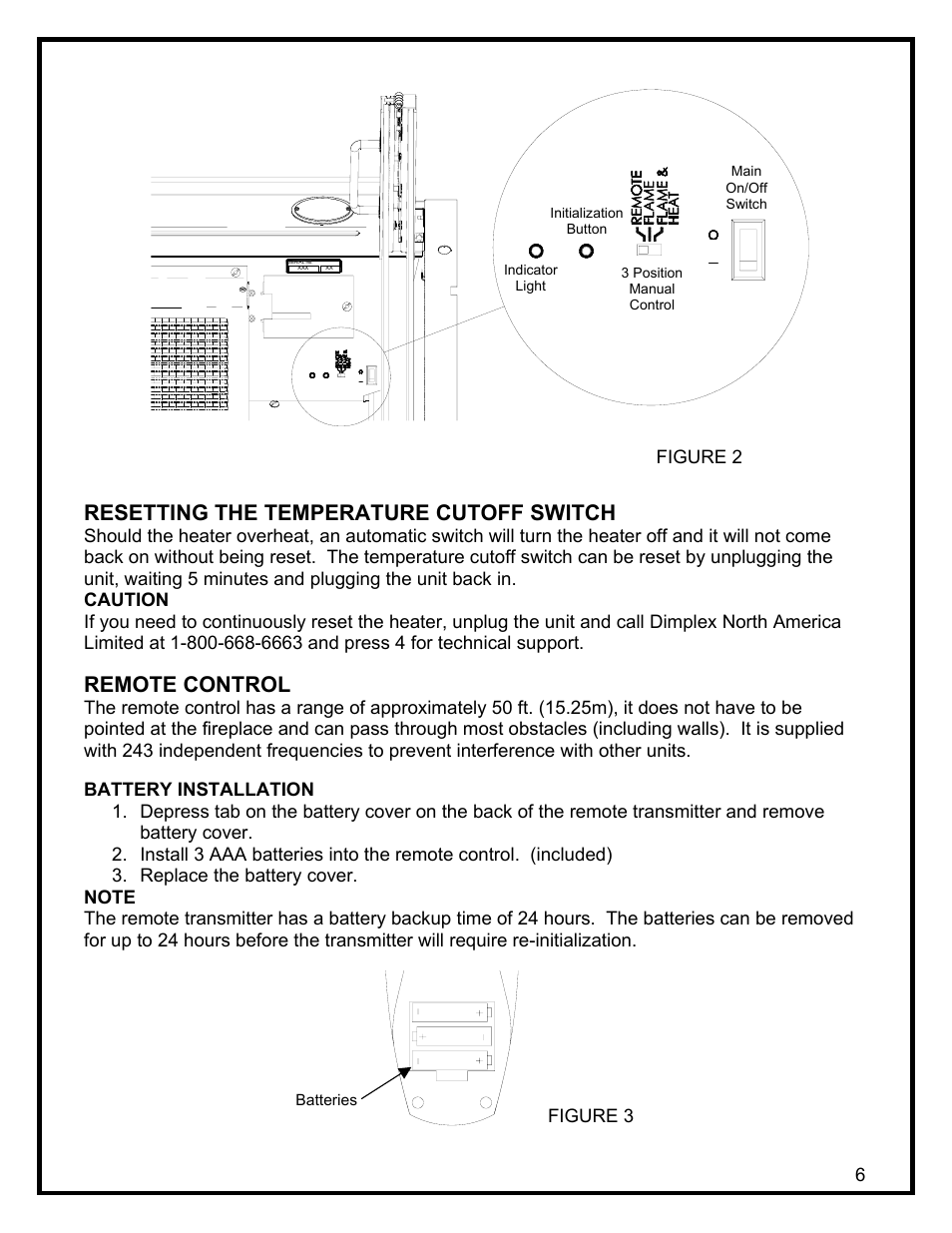 Resetting the temperature cutoff switch, Remote control | Dimplex DF3215 User Manual | Page 8 / 20