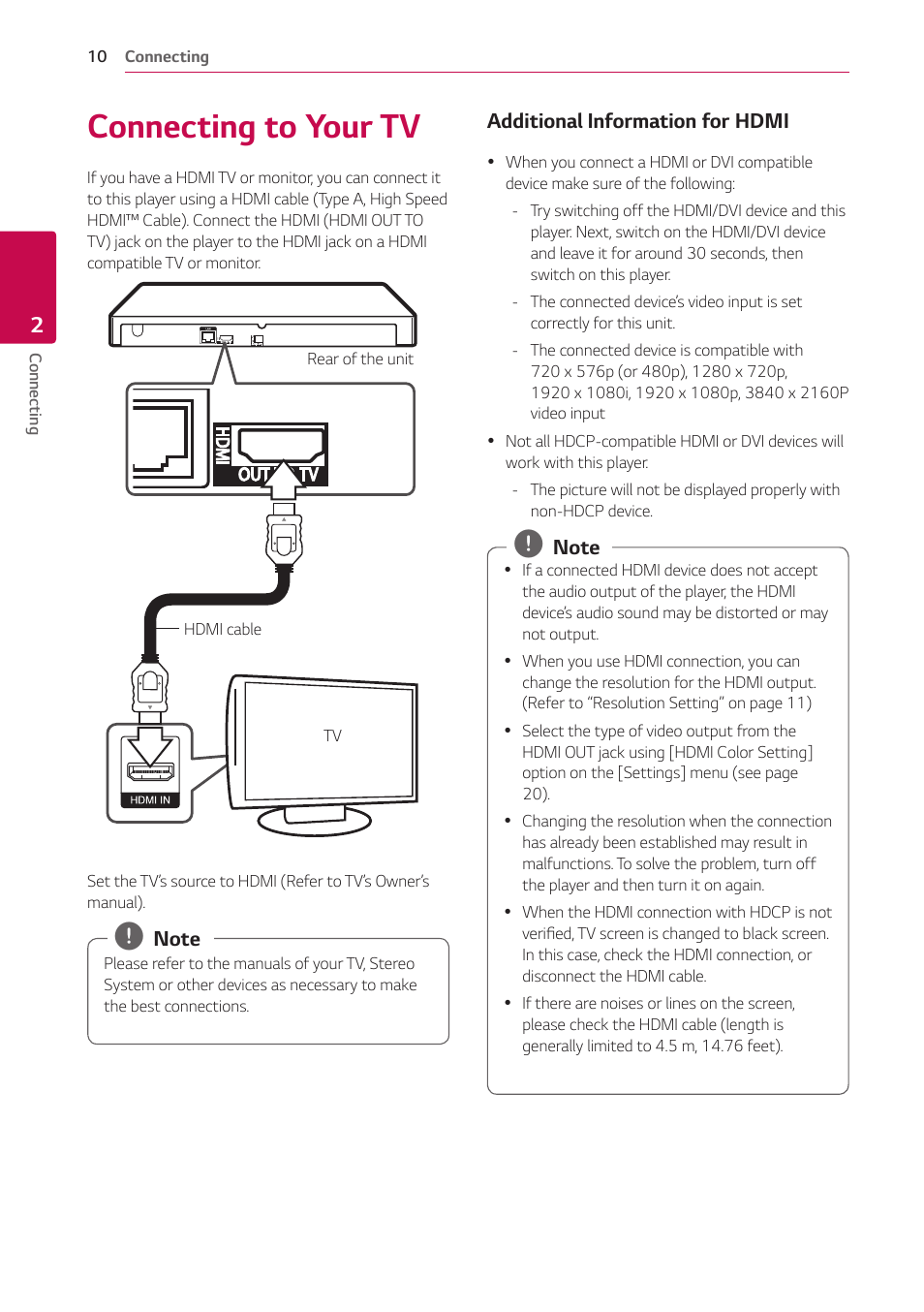 2 connecting, Connecting to your tv | LG UBK80 HDR UHD Blu-ray Disc Player User Manual | Page 10 / 56