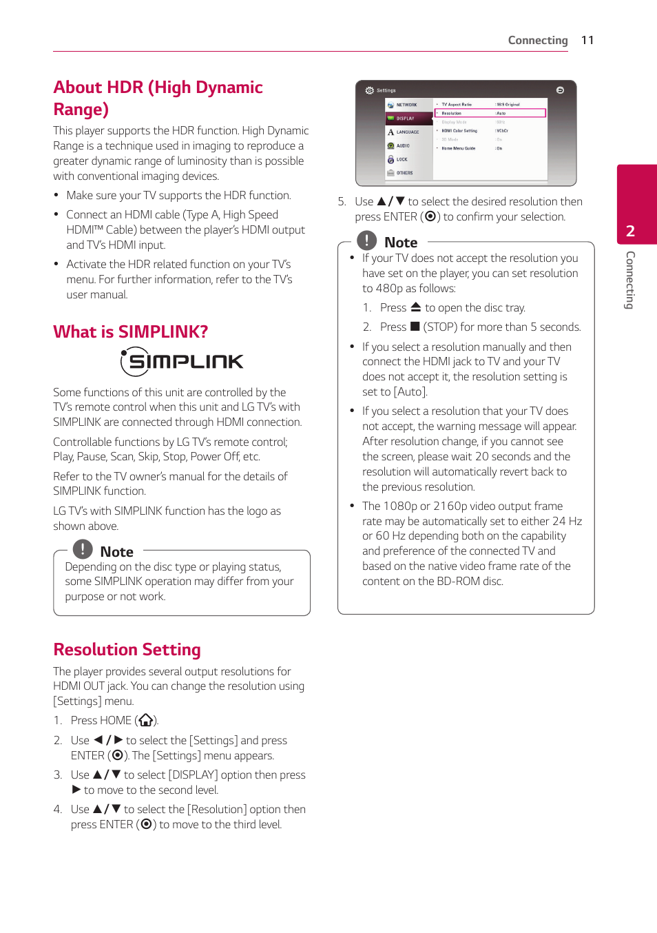 About hdr (high dynamic range), What is simplink, Resolution setting | 11 – about hdr (high dynamic range), 11 – what is simplink, 11 – resolution setting | LG UBK80 HDR UHD Blu-ray Disc Player User Manual | Page 11 / 56