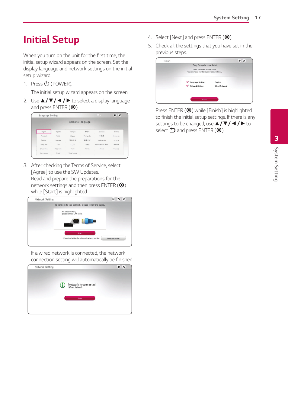 3 system setting, Initial setup | LG UBK80 HDR UHD Blu-ray Disc Player User Manual | Page 17 / 56
