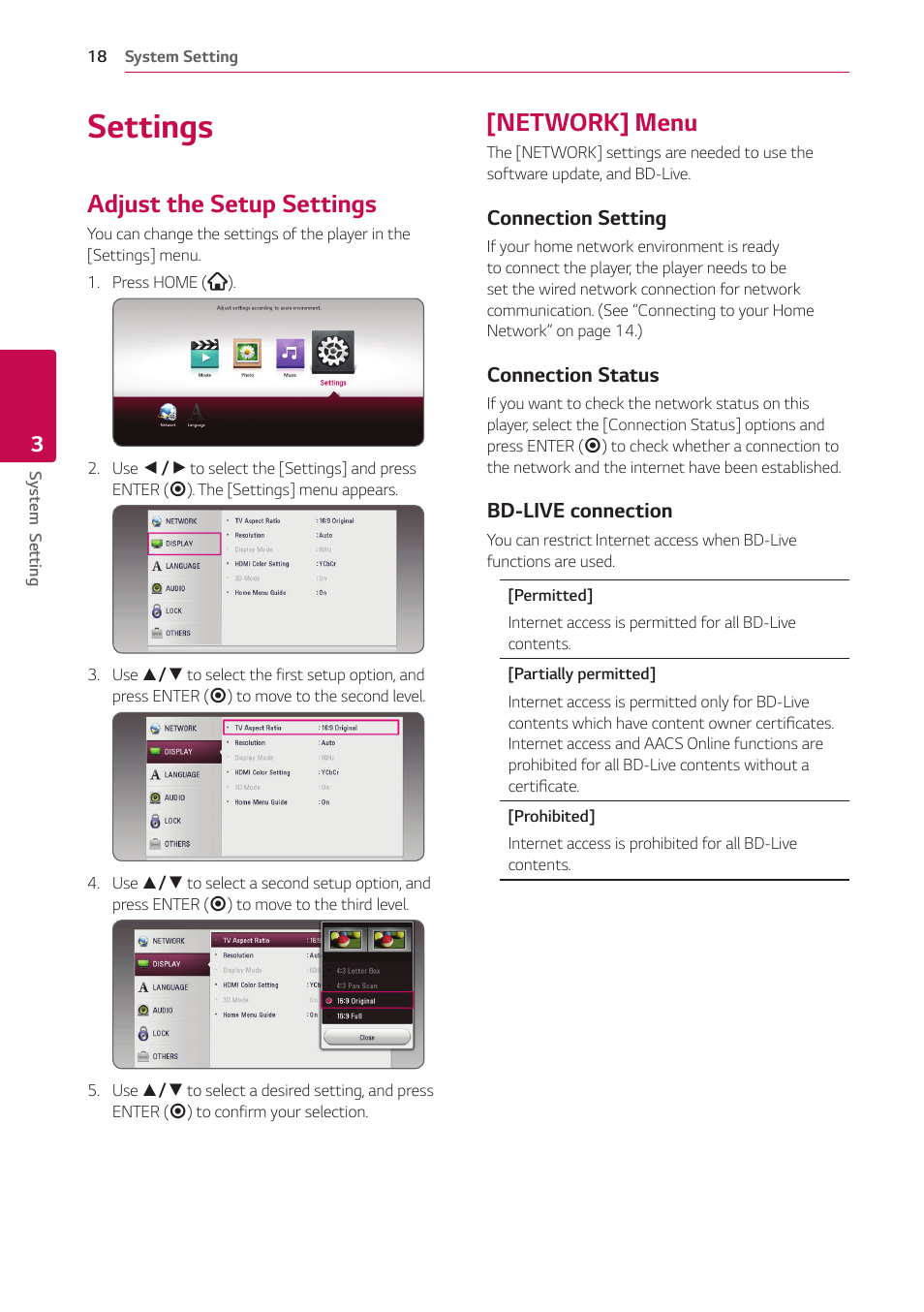 Settings, Adjust the setup settings, Network] menu | 18 settings, 18 – adjust the setup settings 18 – [network] menu | LG UBK80 HDR UHD Blu-ray Disc Player User Manual | Page 18 / 56