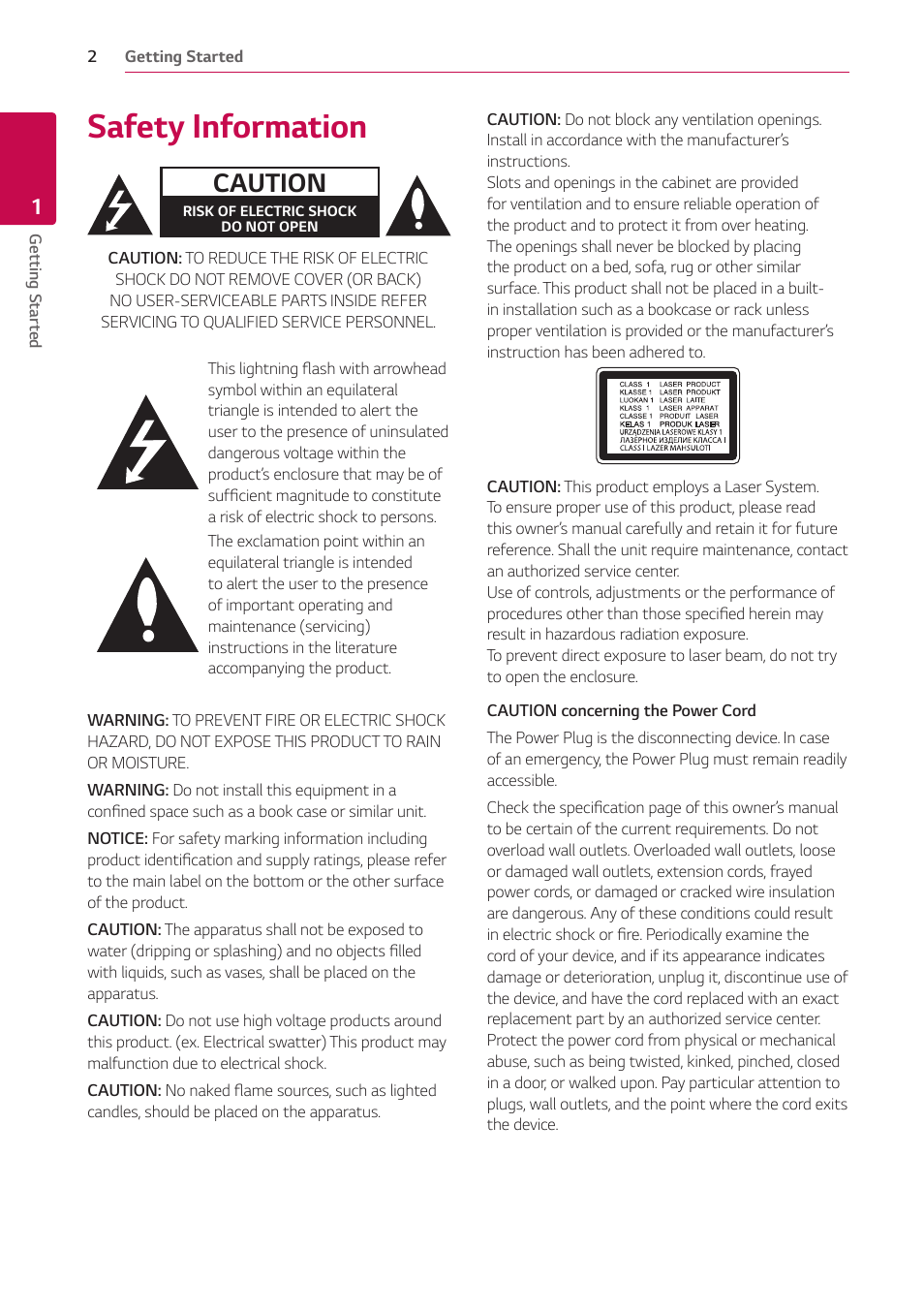 1 getting started, Safety information, Caution | LG UBK80 HDR UHD Blu-ray Disc Player User Manual | Page 2 / 56