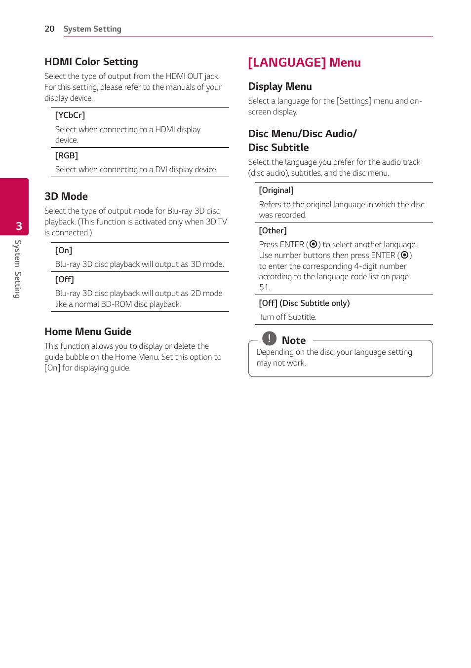 Language] menu, 20 – [language] menu | LG UBK80 HDR UHD Blu-ray Disc Player User Manual | Page 20 / 56
