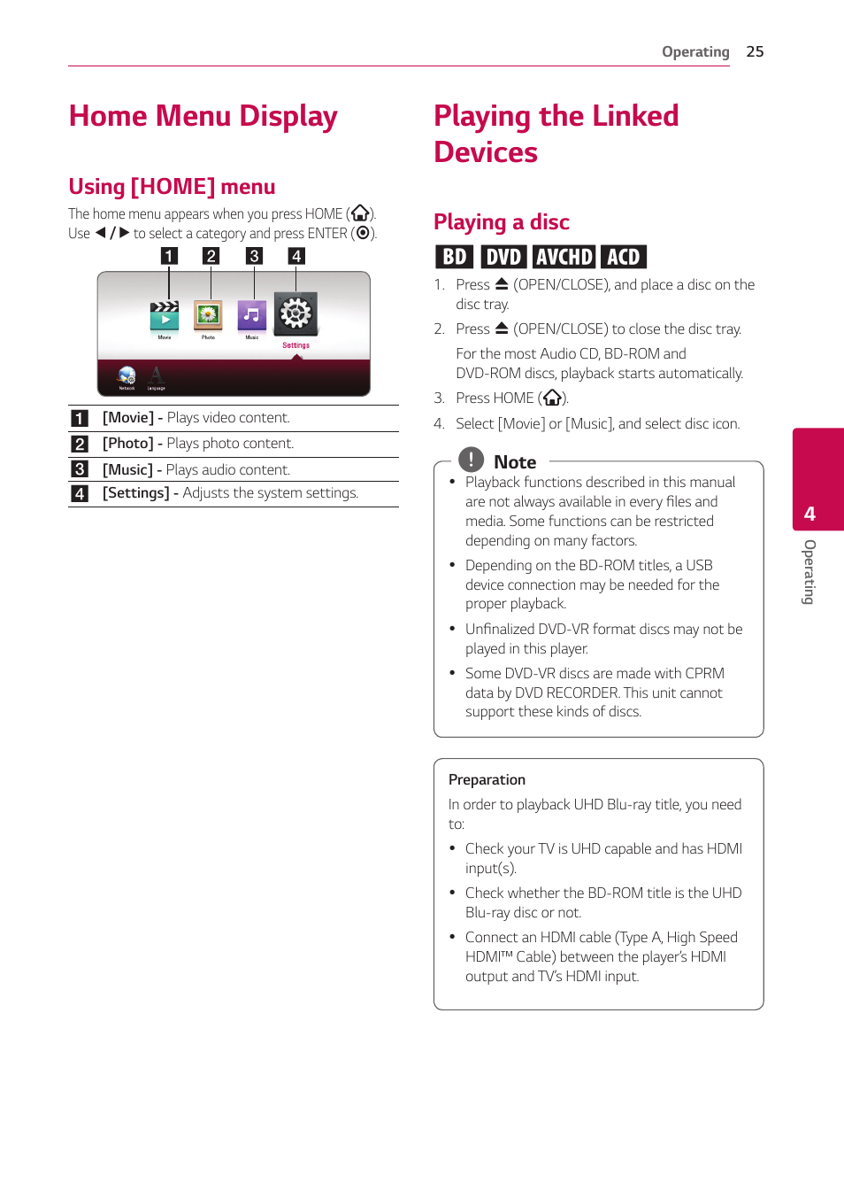 4 operating, Home menu display, Using [home] menu | Playing the linked devices, Playing a disc, 25 – using [home] menu 25, 25 – playing a disc, Playing a disc erot | LG UBK80 HDR UHD Blu-ray Disc Player User Manual | Page 25 / 56