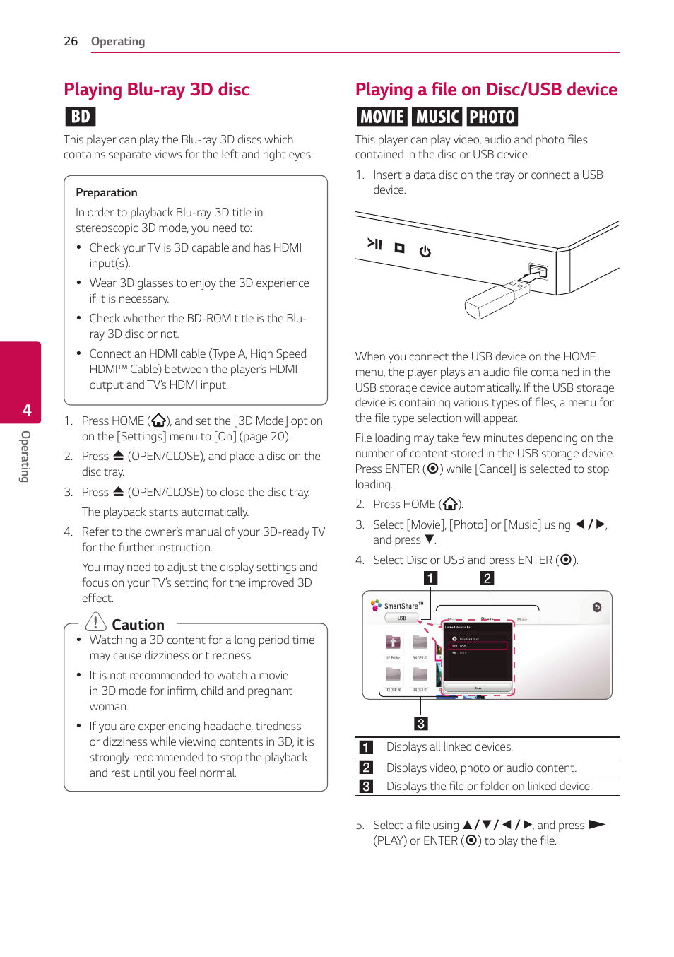 Playing blu-ray 3d disc, Playing a file on disc/usb device, Playing blu-ray 3d disc e | Playing a file on disc/usb device yui | LG UBK80 HDR UHD Blu-ray Disc Player User Manual | Page 26 / 56