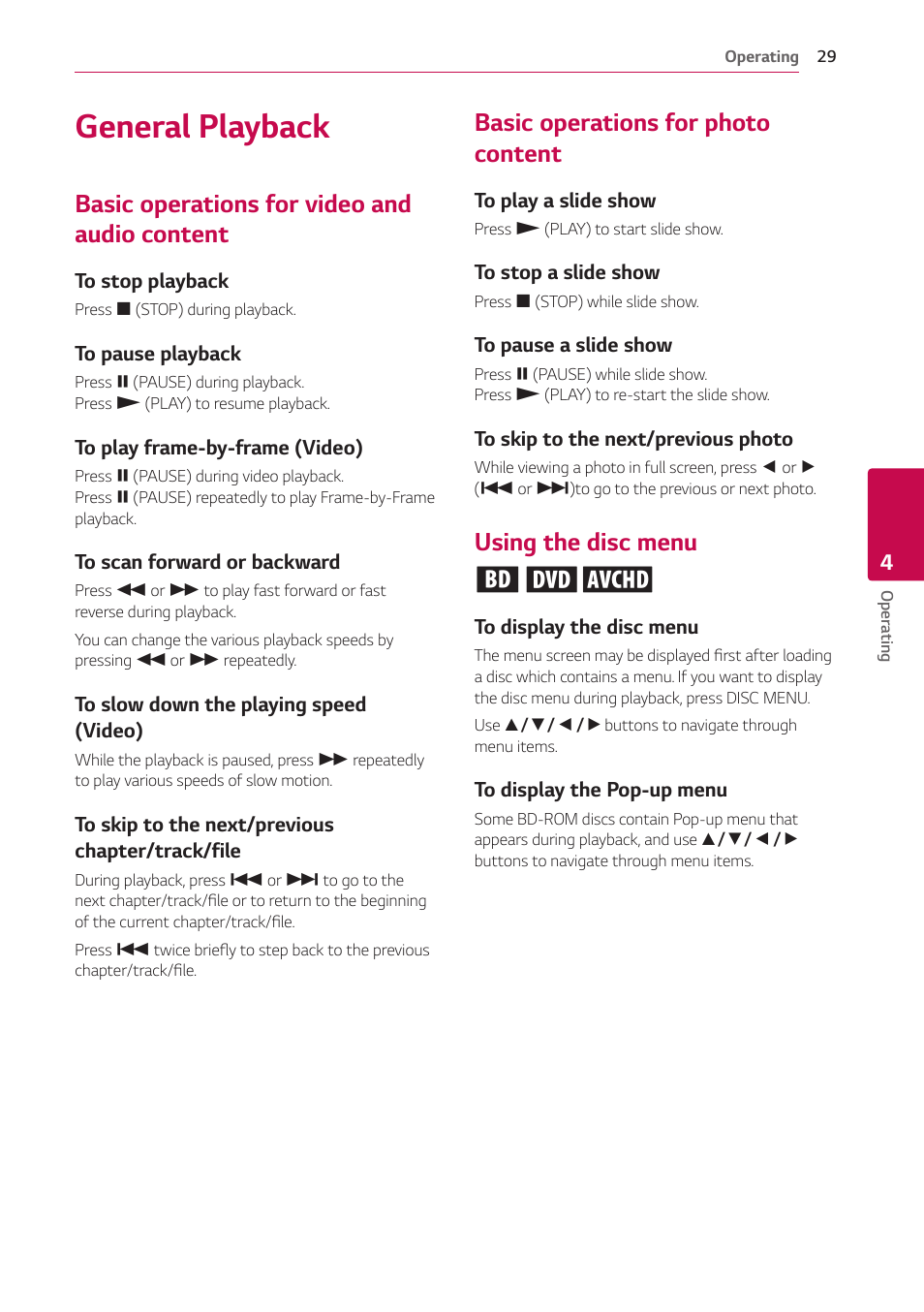 General playback, Basic operations for video and audio content, Basic operations for photo content | Using the disc menu, Using the disc menu ero | LG UBK80 HDR UHD Blu-ray Disc Player User Manual | Page 29 / 56